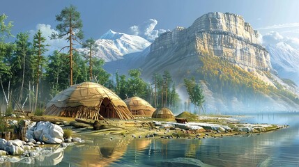 A Mesolithic settlement with huts made of wood and animal skins