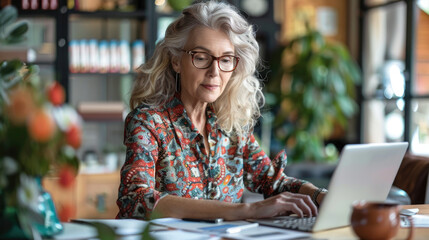 Older woman leading a seminar with a digital presentation