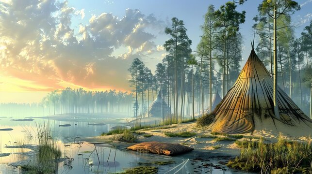 A Mesolithic settlement with huts made of wood and animal skins