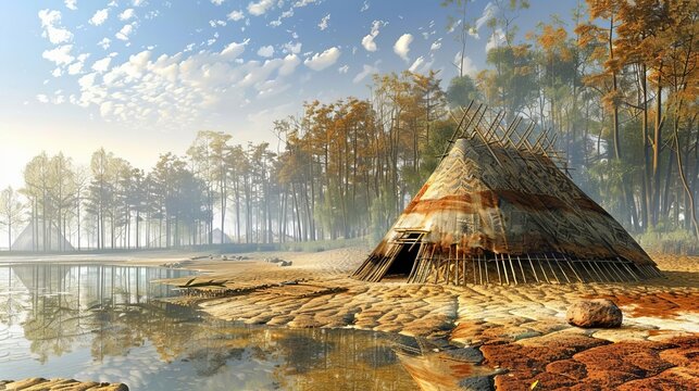 A Mesolithic settlement with huts made of wood and animal skins