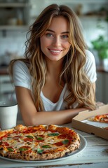 cheerful woman at a kitchen table, happily inspecting an open pizza box before her