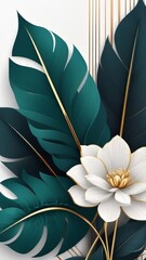 Abstract art background. Luxury minimal style wallpaper with golden line art flower