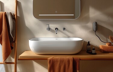 Fototapeta premium Contemporary bathroom featuring wall-mounted electric towel rack for added convenience and style