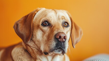 Obraz premium Close-up of focused adult light brown dog with shiny coat against orange background
