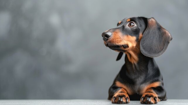 Black and tan dachshund lying down, looking up with attentive expression, on grey background