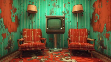 Vintage TV setup in a colorful, worn-out retro room.