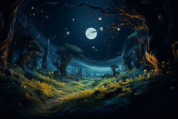 Fototapeta premium The artwork depicts a serene forest scene under the radiance of a full moon in the night sky, capturing elements of darkness, space, and the beauty of nature