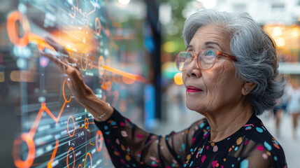 Older woman explaining a concept on a digital whiteboard