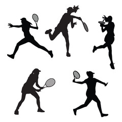 Set of Female Tennis Player Silhouette Vector Illustration