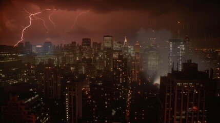 Fototapeta premium The skyline is dominated by a fierce lightning storm casting a foreboding glow on the city below.