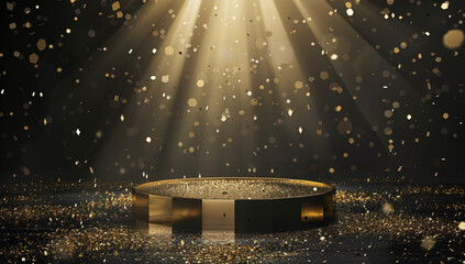 Abstract background with golden confetti and glitter on the floor, illuminated by spotlights in the center of an empty podium or pedestal for product presentation.