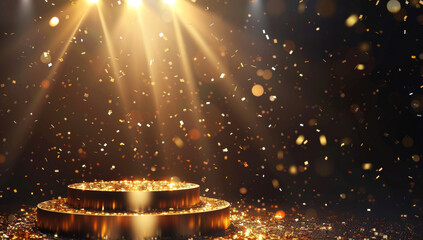 A shiny golden podium illuminated by spotlights on an abstract background with falling confetti, suitable for an award ceremony or presentation