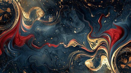 Abstract fluid art with gold and red streaks on a dark blue background.