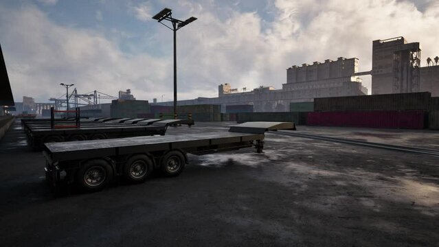 A flatbed trailer sits stationary amidst other vehicles in a busy parking lot.