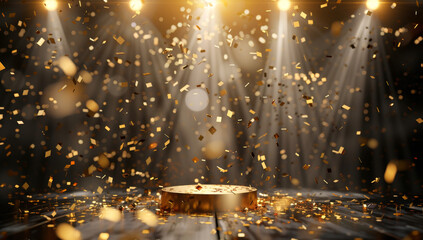 Gold confetti falls on the stage with a golden podium illuminated by spotlights, creating an award ceremony background setting suitable for a product presentation