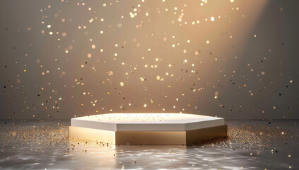Abstract background with golden confetti and glitter on the floor, illuminated in an empty scene of an octagon podium pedestal for product presentation mock up