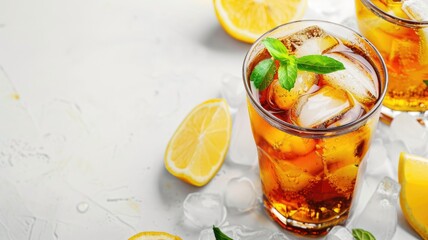 Iced tea with lemon slices and mint on bright surface