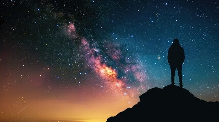 Fototapeta premium Silhouette of person standing on mountain top against starry sky at twilight
