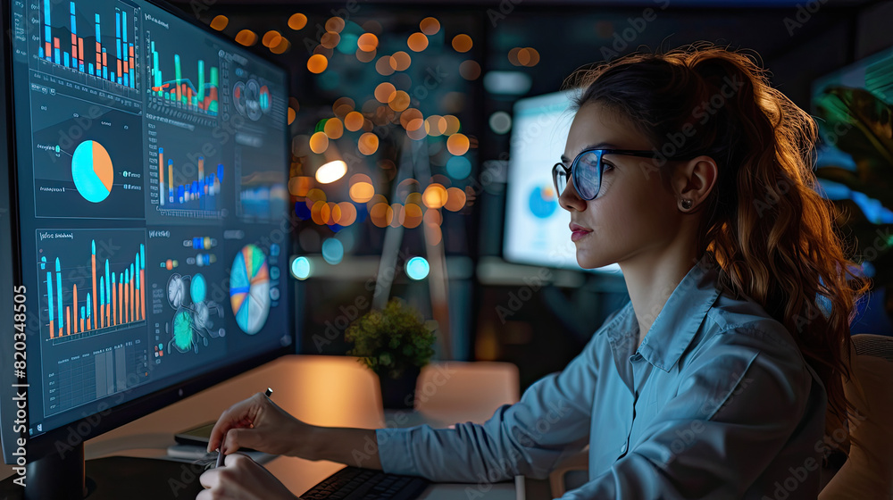 Wall mural senior female data scientist working with complex data visualizations