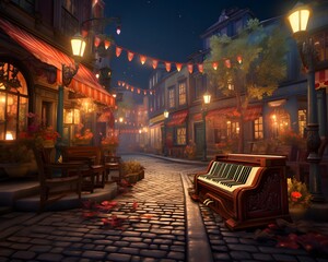 Street in the old town at night, 3d rendering. Computer digital drawing.