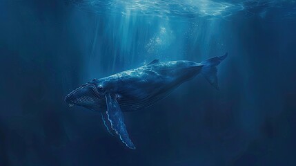 Fototapeta premium A blue whale is swimming in the ocean. The water is clear and the sunlight is shining through it