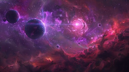 A beautiful galaxy scene with multiple planets in dark red and purple colors, highly detailed, high resolution artwork.