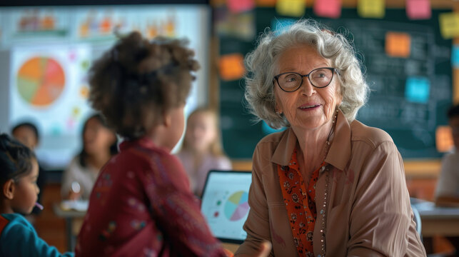 Senior female leader presenting data analytics in a business meeting