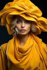 In the painting, there is a woman adorned with a vibrant yellow hat and scarf, contributing to the artistic portrayal of a fictional character