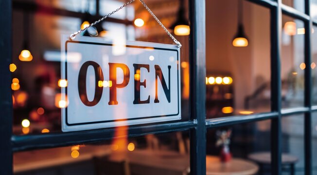Open sign on restaurant window with blurred lights and interior background.