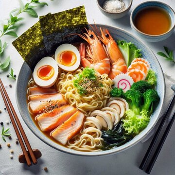 Japanese food - ramen soup with chicken, egg, chives and prawn