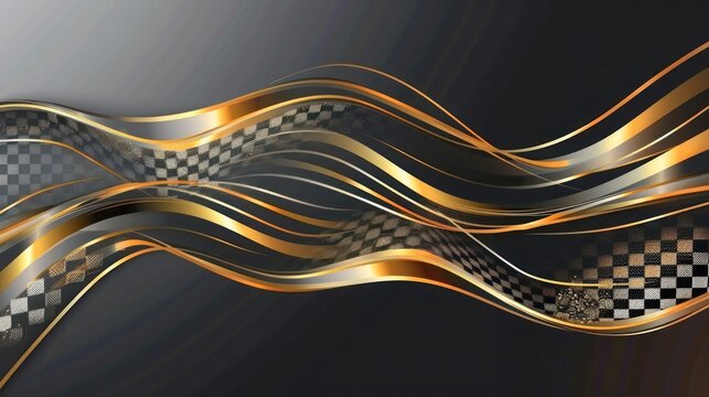 Checkered gold flag wave flying on black, blank space design, sport race championship success background	
