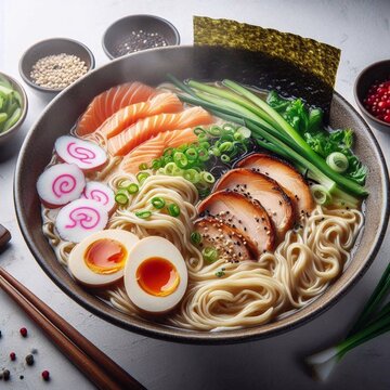 Japanese food - ramen soup with chicken, egg, chives and prawn