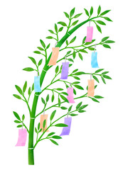 水彩で描いたカラフルな短冊と笹のイラスト