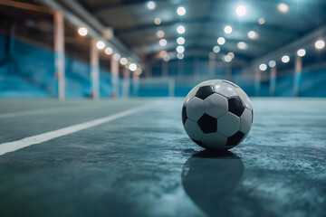 Close-up of a soccer ball on an indoor court with blurred background lighting