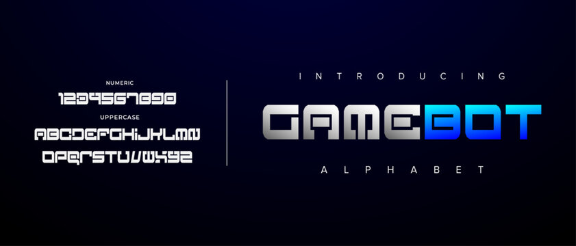 Gamebot creative simple modern urban alphabet font. Digital abstract futuristic, logo, music, sport, minimal technology typography. Simple numeric vector illustration