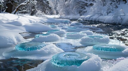 A winter wonderland captured in one image with crystal blue ice disks floating in a snowy river.