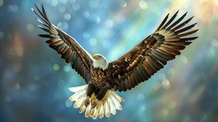 A majestic eagle is soaring through the sky, its wings spread wide. Concept of freedom and power, as the eagle takes flight with grace and confidence