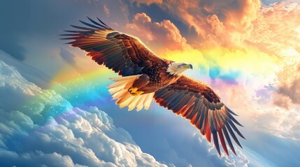 Obraz premium A rainbow is above an eagle flying in the sky. The eagle is the main focus of the image, and the rainbow adds a sense of wonder and magic to the scene