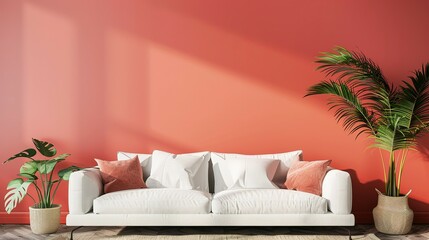 3D rendering of a modern living room featuring a white fabric sofa against a coral wall.