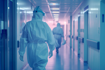 Medical staff in PPE walking down a hospital corridor, lit in blue and purple tones