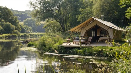 A small cabin is on a dock by a lake. The cabin is made of wood and has a tent on top. The cabin is surrounded by trees and a river