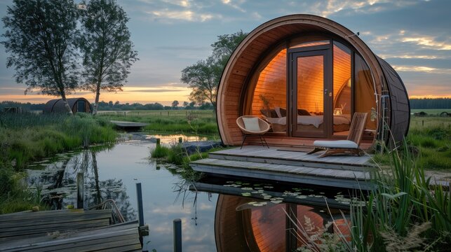 A wooden house with a circular shape and a door is sitting on a wooden deck next to a pond