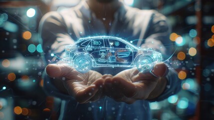 A man holding a virtual car hologram with data and icons on a blurry background. The concept of a digital twin for vehicle planning and quality control in the interior for the automotive industry,