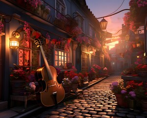 3d render of a street with a violin and flowers at sunset