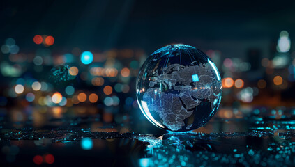 3D rendering of a digital earth hologram depicting a concept of global network connectivity on a dark background. Showcasing Asian, African and European innovation and technology.