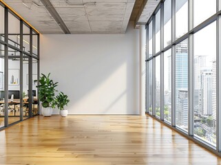 A mockup of an empty wall in the corner of a large modern office with glass walls and windows overlooking buildings, light wood floors, concrete ceiling, and white walls, plants, desk, computer,