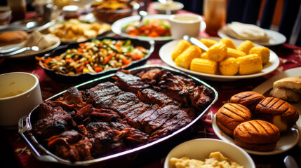 The table is filled with a variety of food items representing different cuisines and dishes, including ingredients like meat, all arranged beautifully