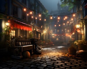 Old street in the city at night with a bench and lanterns