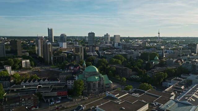 Aerial drone view of Alte Synagoge in Essen , Germany . The Old Synagogue in Essen is one of the largest, best preserved and architecturally most impressive testimonies to Jewish culture .