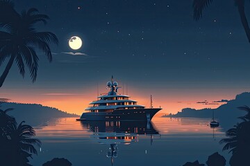 A large boat is sailing on a calm ocean at night. The moon is shining brightly in the sky, creating a serene and peaceful atmosphere. Concept of relaxation and tranquility